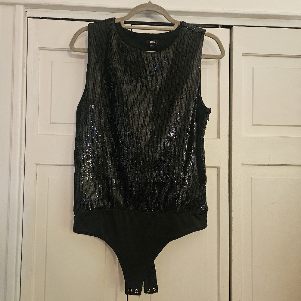 Express Size L Black Sequin Bodysuit Top
